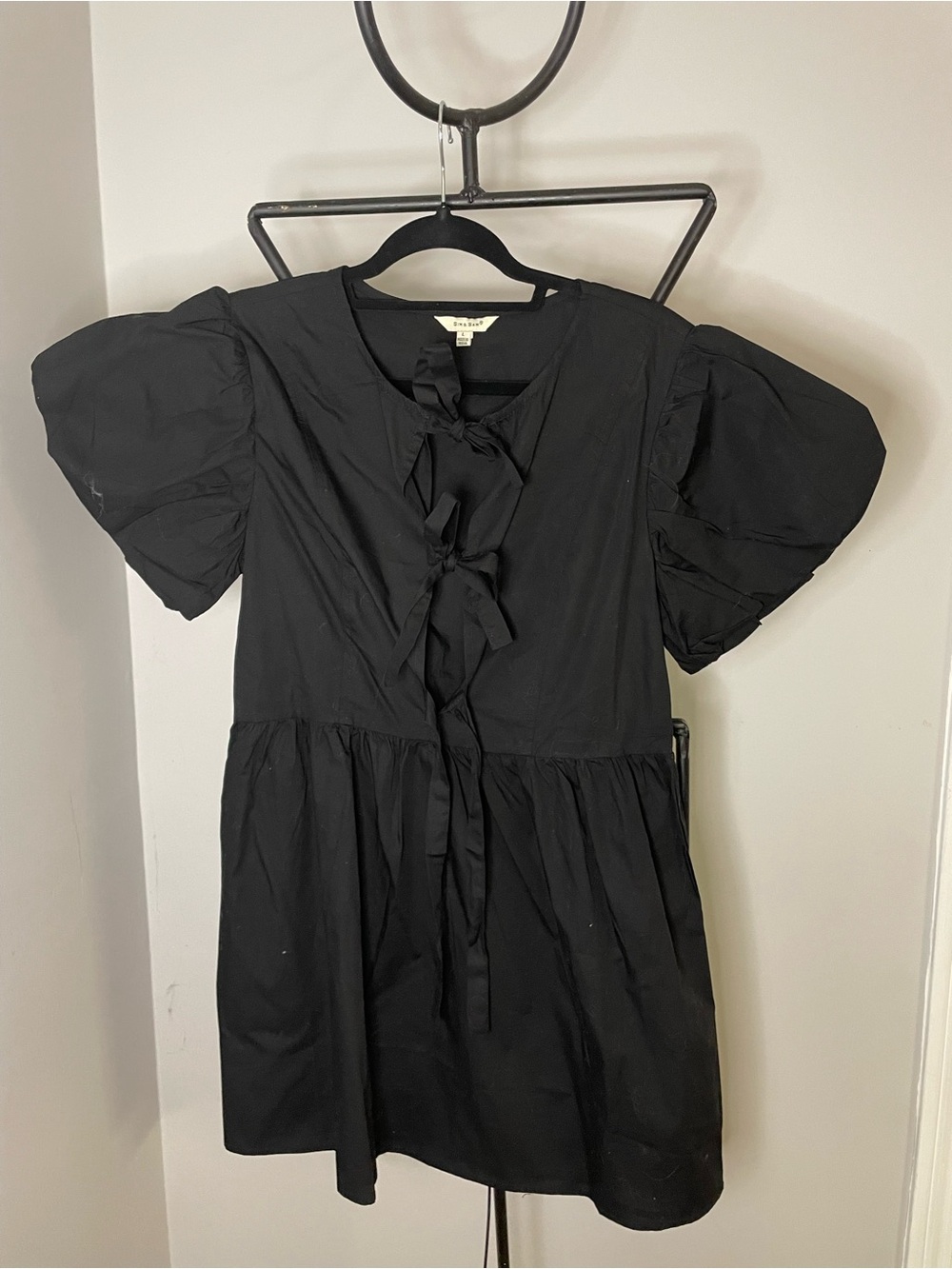 Black Puff-Sleeve Tie-Front Mini Dress